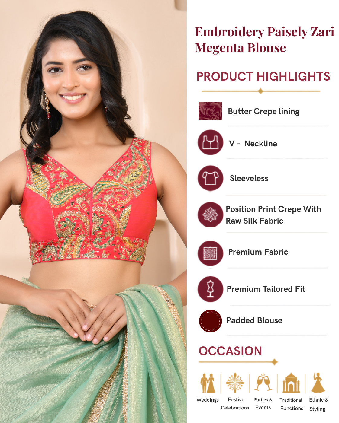 Embroidery Paisley Zari V Neck Padded Saree Blouse