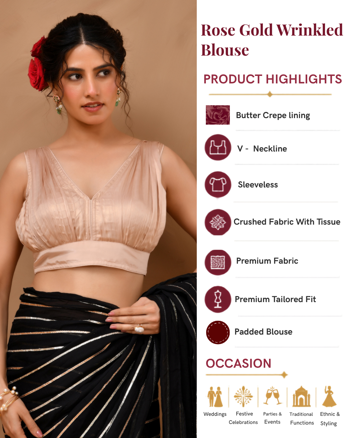 Rose Gold V neck Wrinkled sleeveless blouse
