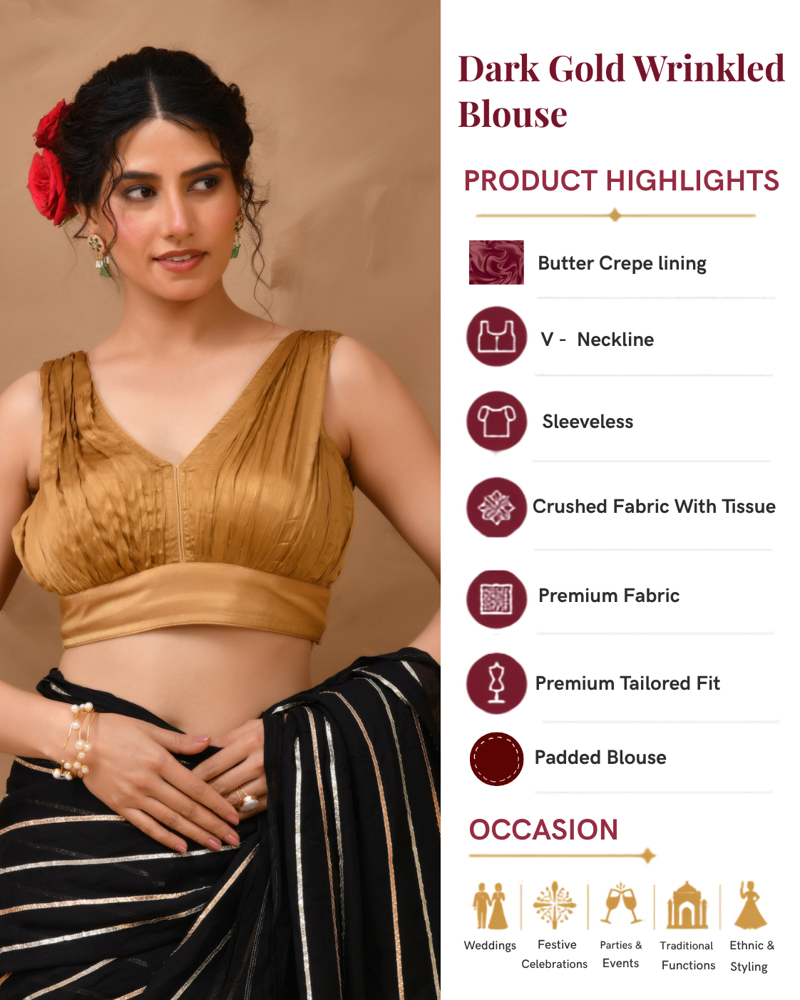 Dark Gold V neck Wrinkled sleeveless blouse