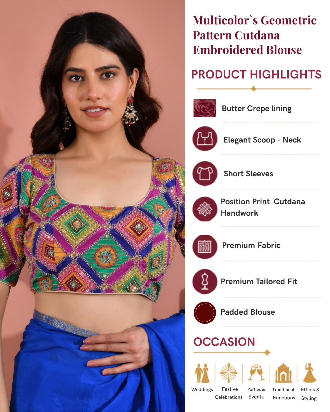 Multicolor's  Geometric Pattern Cut Dana Embroidered Blouse