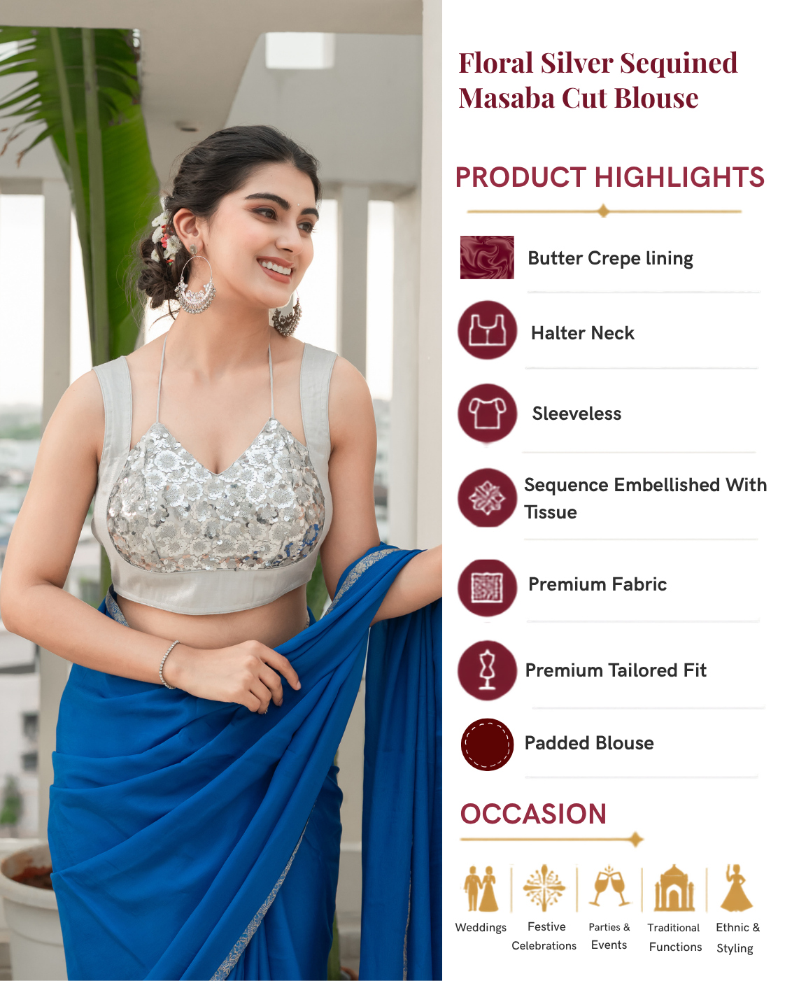 Floral Silver Sequined Masaba Cut Blouse