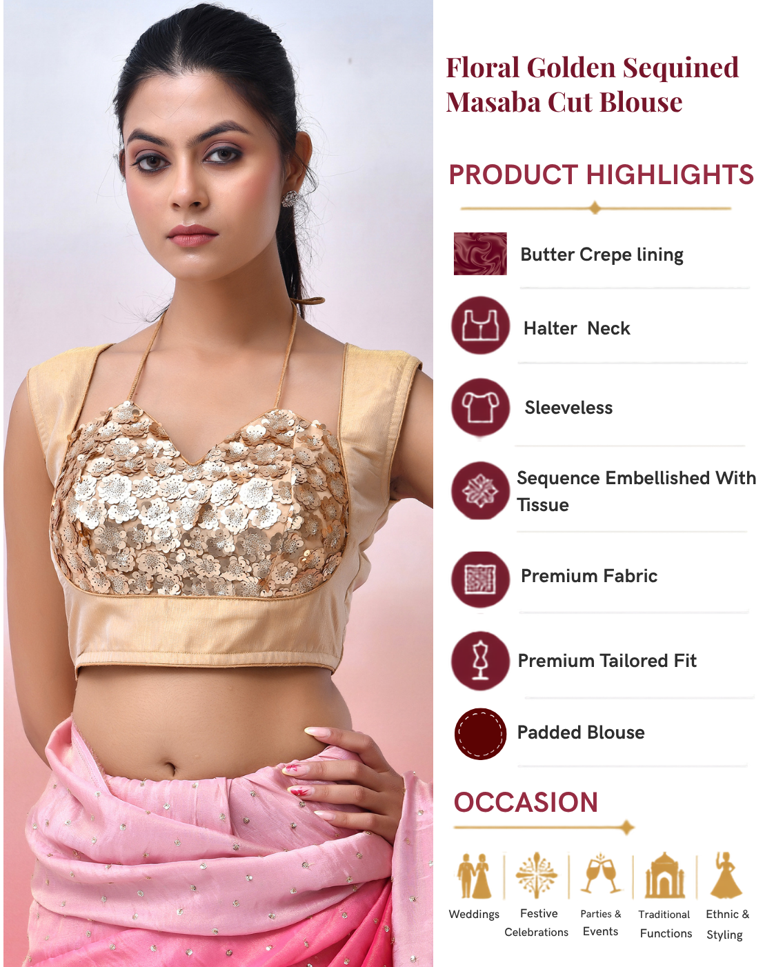 Floral Golden Sequined Masaba Cut Blouse