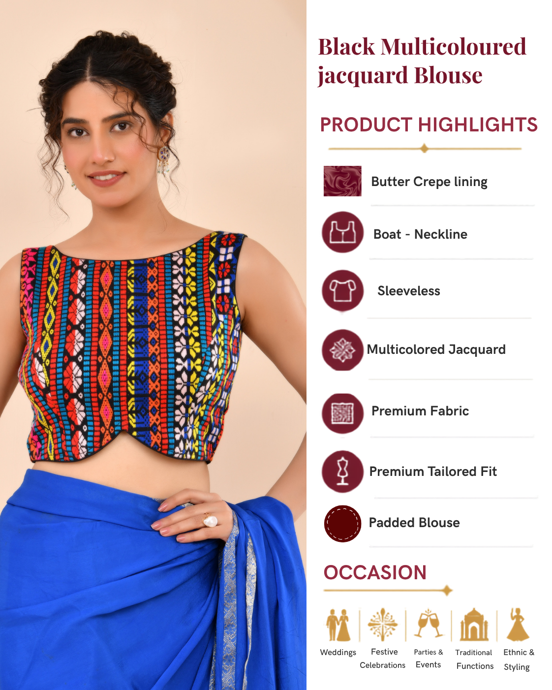 Black Multicoloured Boat Neck Jacquard Blouse