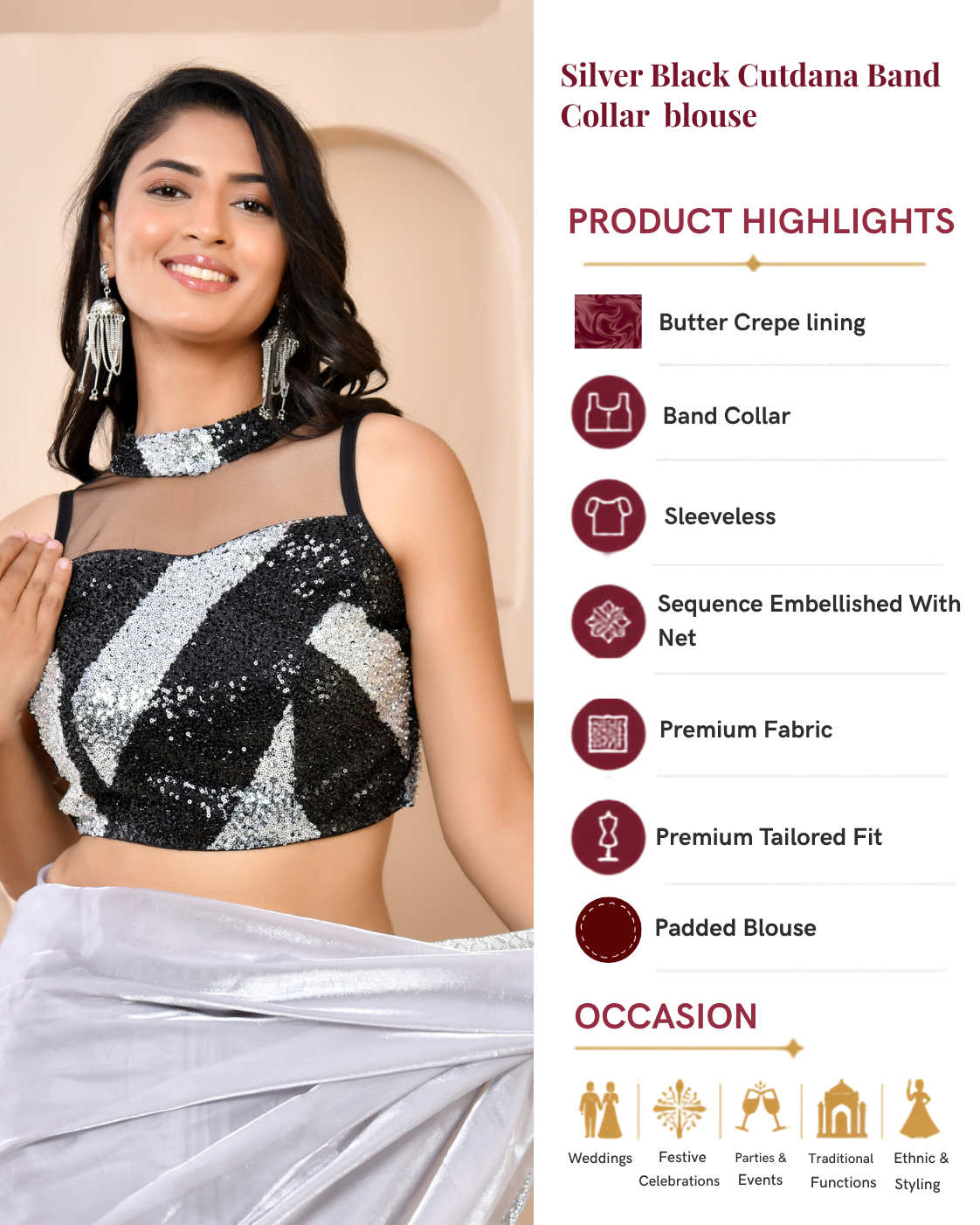 Silver Black Cutdana Band Collar Sleeveless Padded Blouse