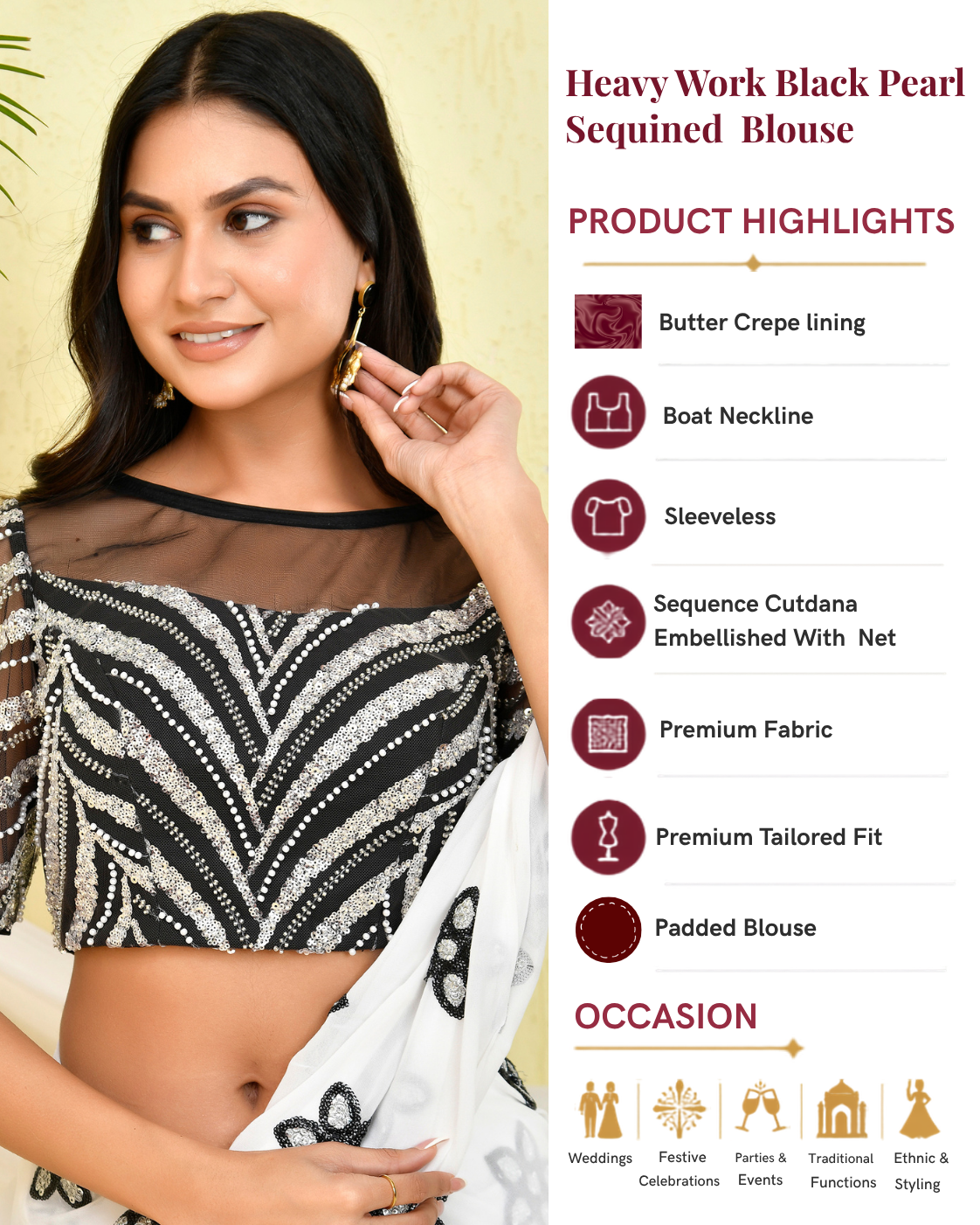 Heavy Work Black Pearl Sequined Padded Blouse