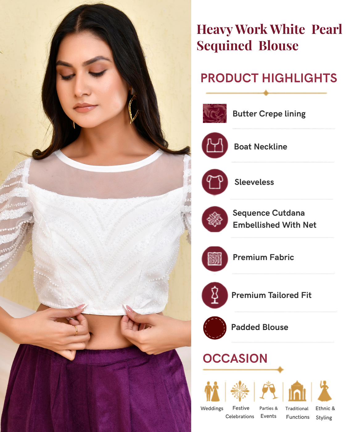 Heavy Work White Pearl Sequined Padded Blouse