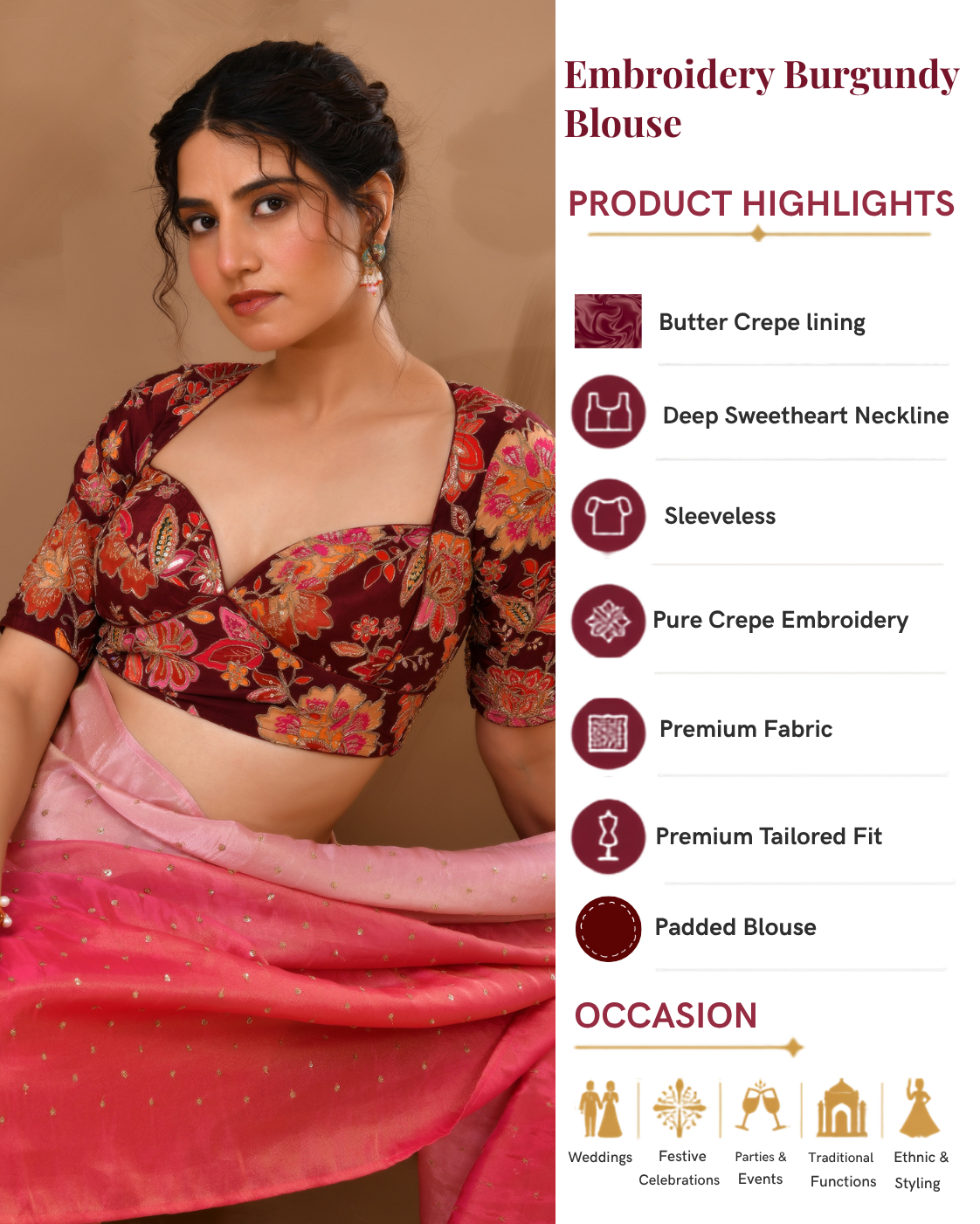 Deep Sweetheart Neck Embroidery Burgundy Blouse With Sleeves