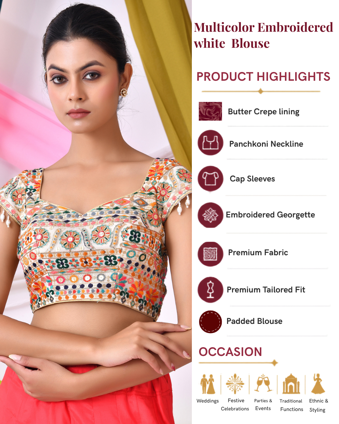 Multicolor Embroidered White Padded Blouse With Cap Sleeves