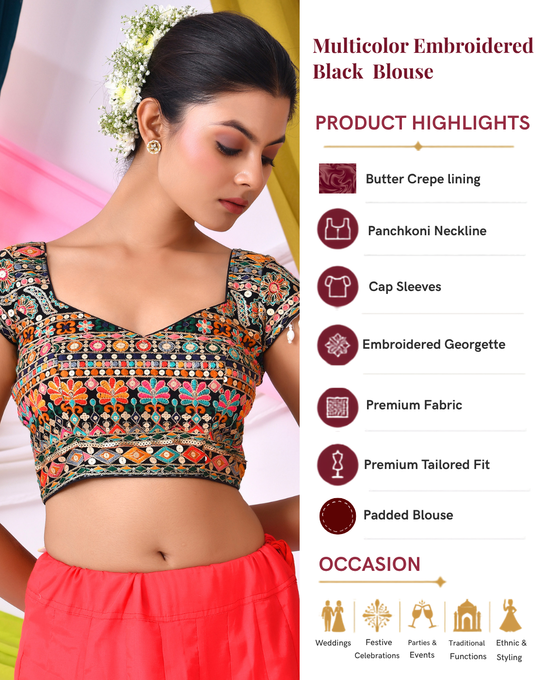 Multicolor Embroidered Black Padded Blouse With Cap Sleeves