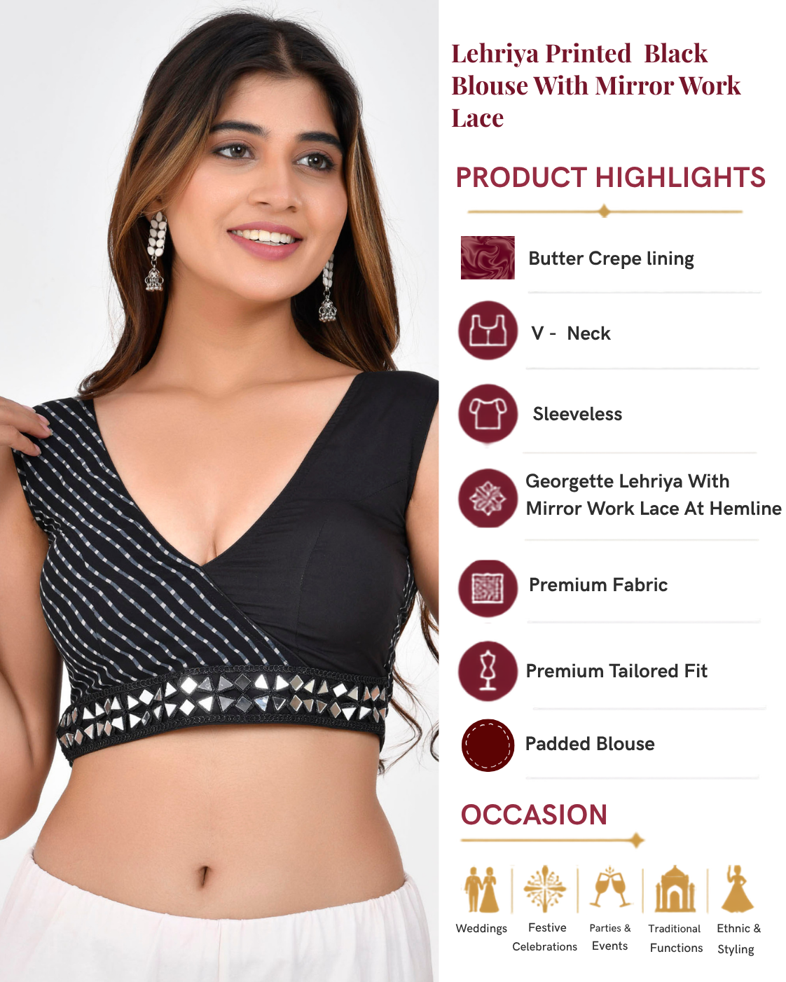 Lehriya Printed Black Blouse With Mirror Work Lace