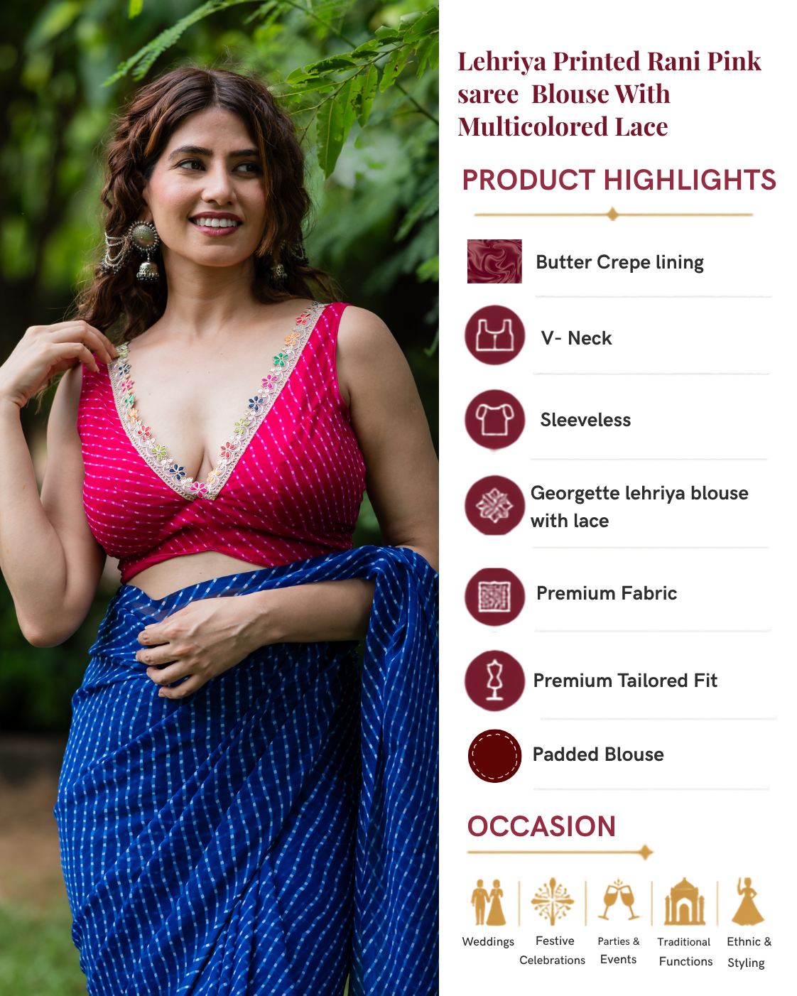 Lehriya Printed Rani Pink Saree Blouse With Multicolored Lace