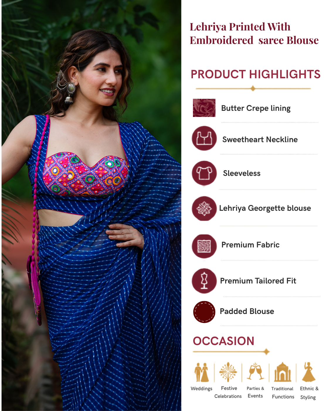 Lehriya Printed with Embroidered Sleeveless Saree Blouse