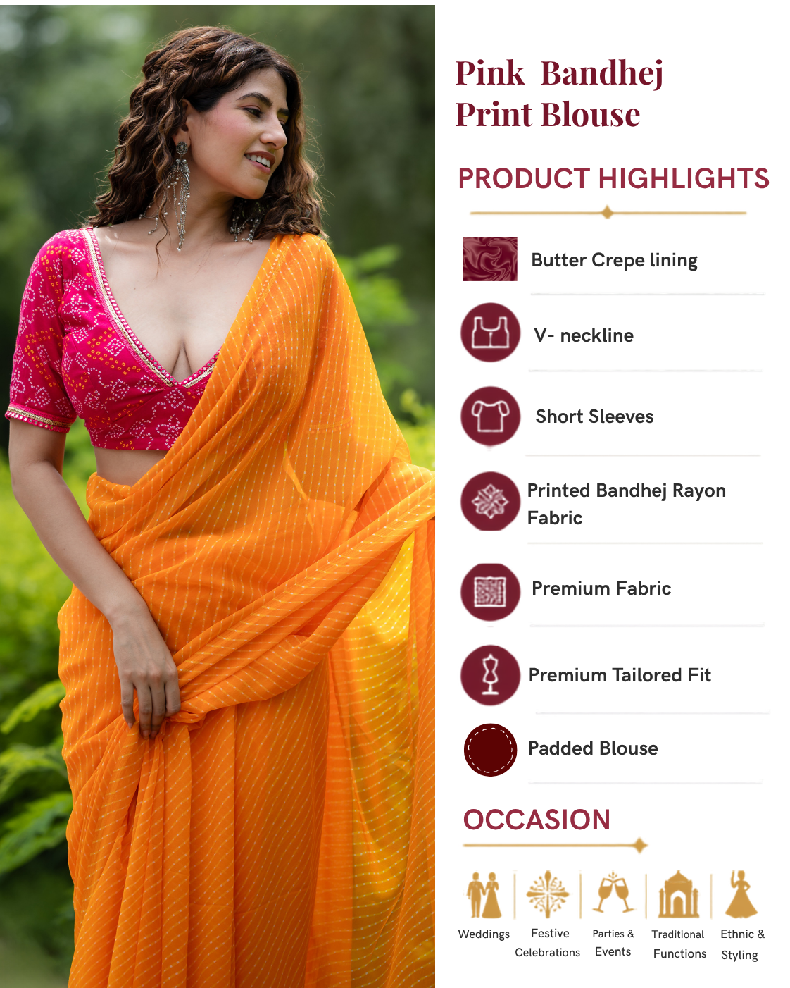 Women’s Pink Bandhej Print Short Sleeve Readymade Saree Blouse – Designer Inspired