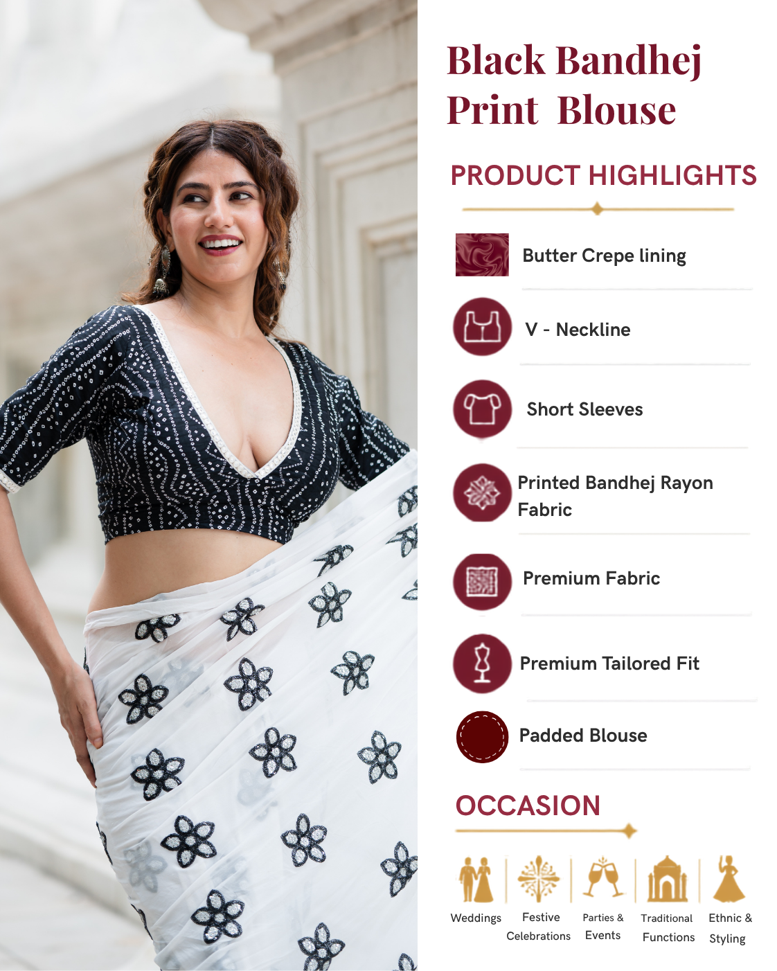 Women’s Black Bandhej Print Short Sleeve Readymade Saree Blouse – Designer Inspired
