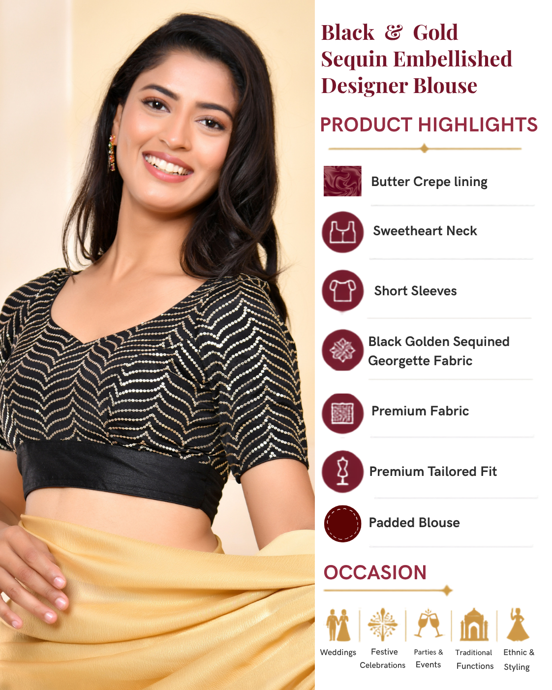 Black & Gold Sweetheart Sequin Embellished Designer Blouse