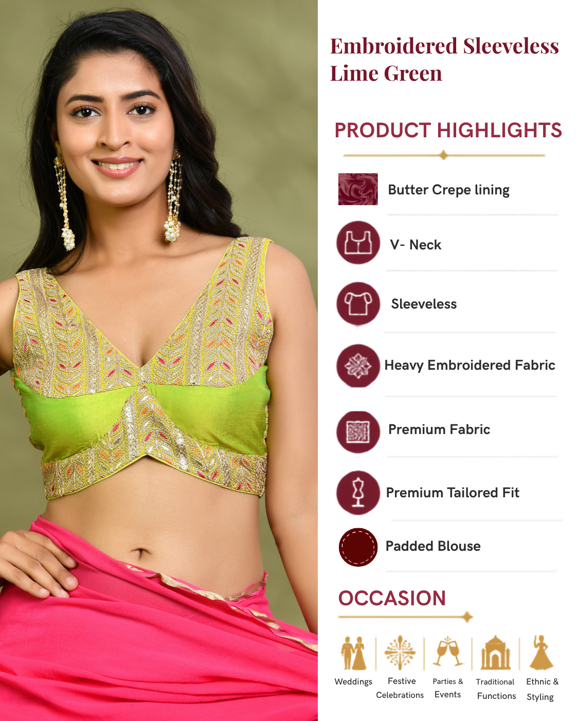 Embroidered Sleeveless Padded Saree Blouse