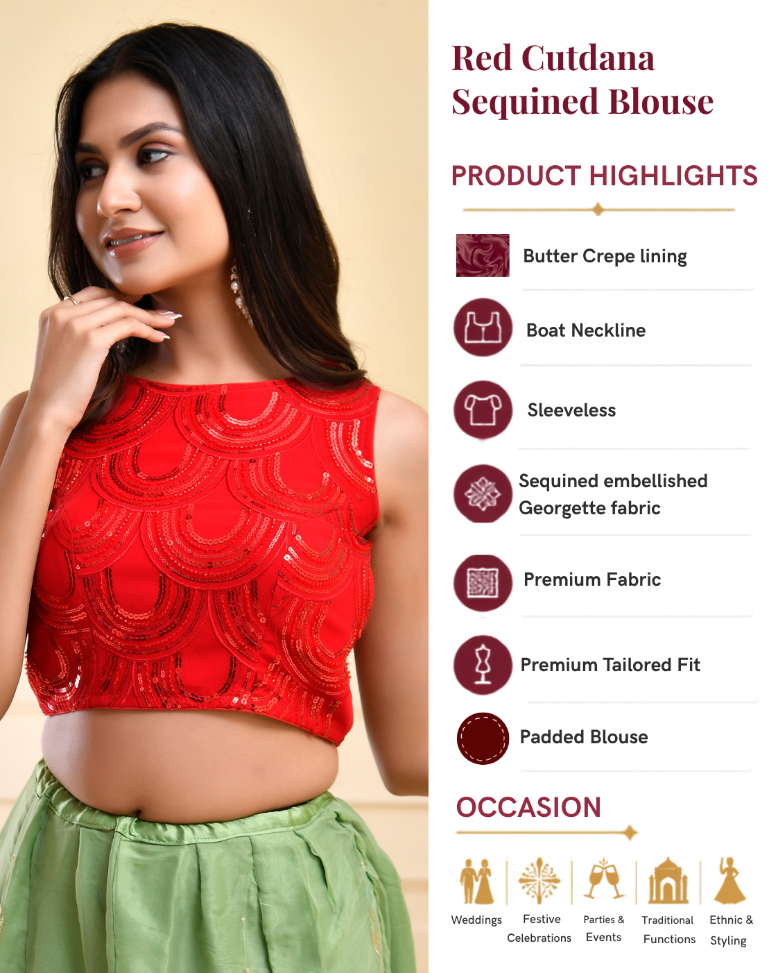 Red Cutdana Sequined Sleeveless Padded Blouse