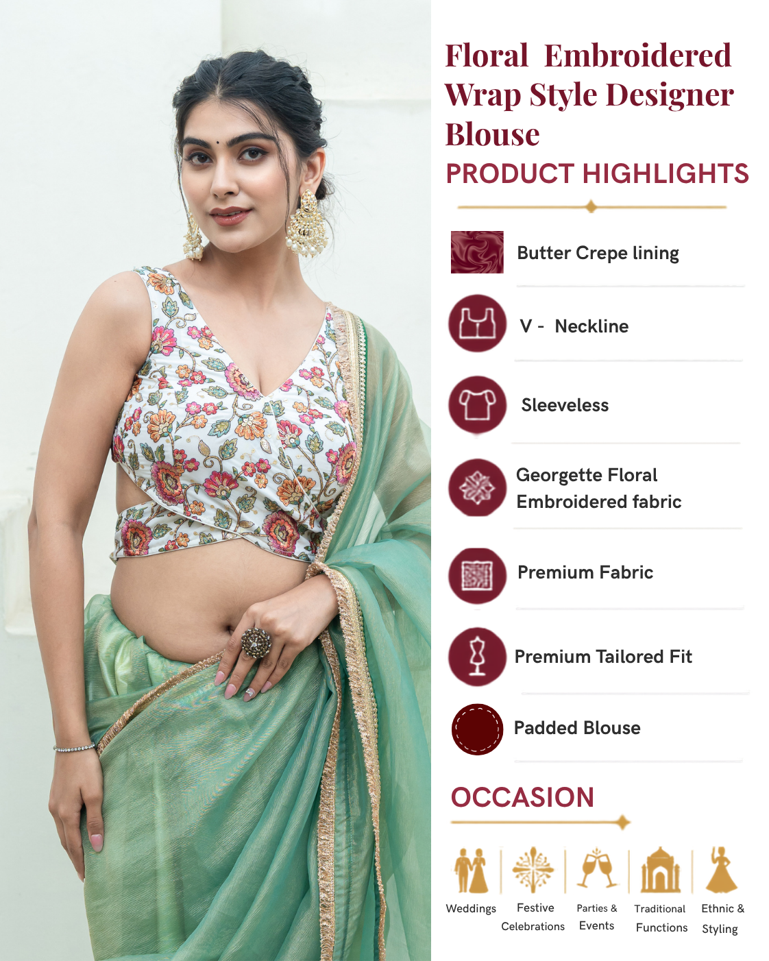 Floral Embroidered Wrap-Style Designer Blouse