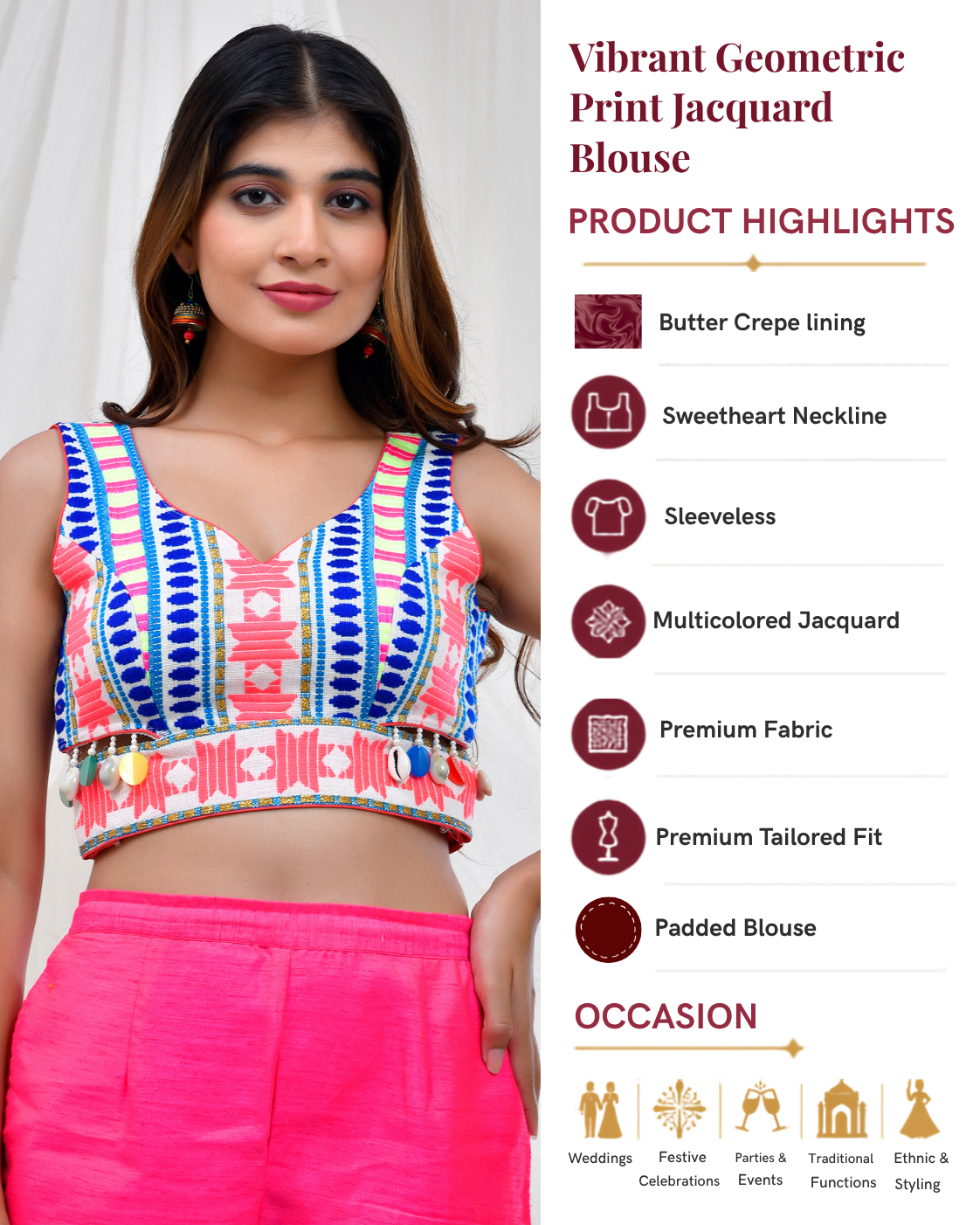 Vibrant Geometric Print Jacquard Sleeveless Padded Blouse for Women