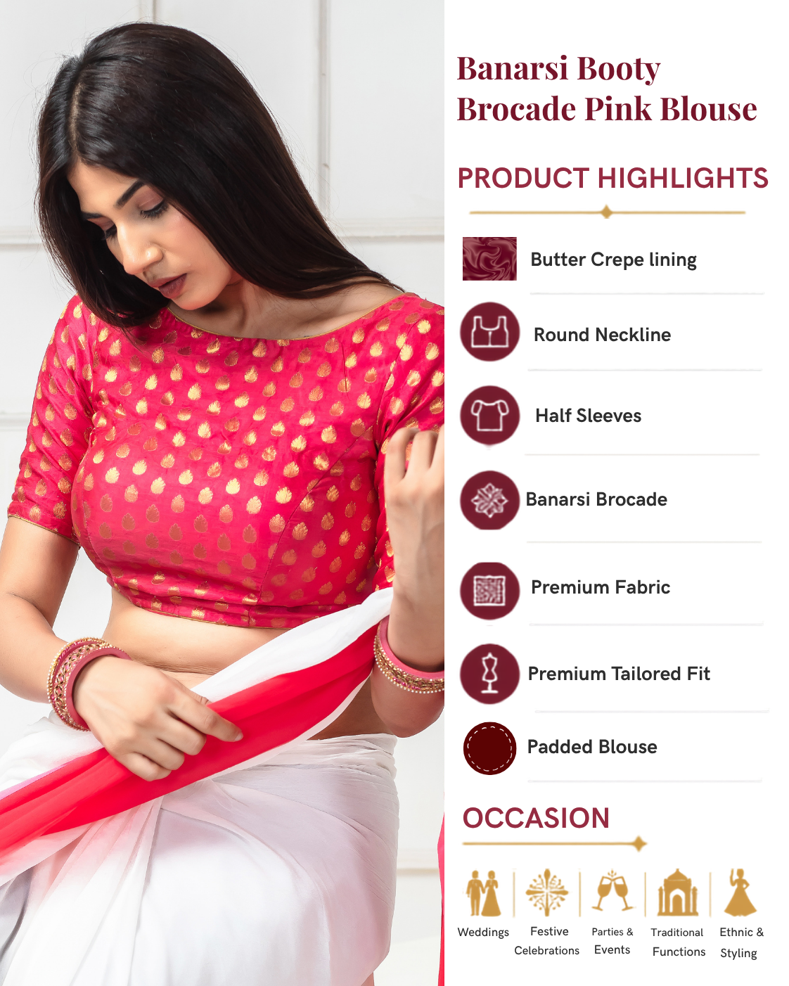 Banarsi Booty Brocade Pink Saree Blouse