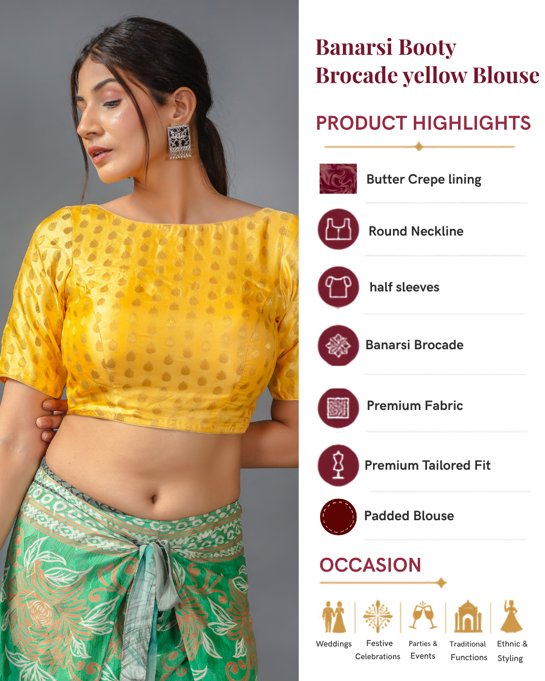 Banarsi Booty Brocade Yellow Saree Blouse