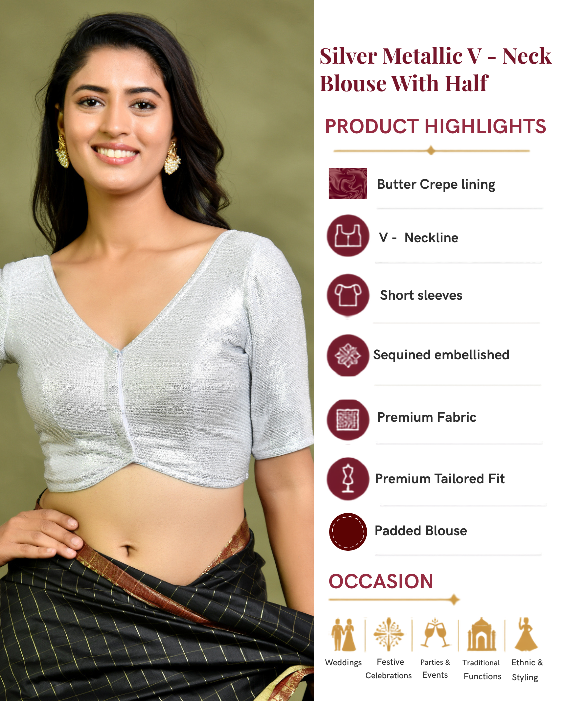 Silver Metallic V-Neck Blouse with Half Sleeves