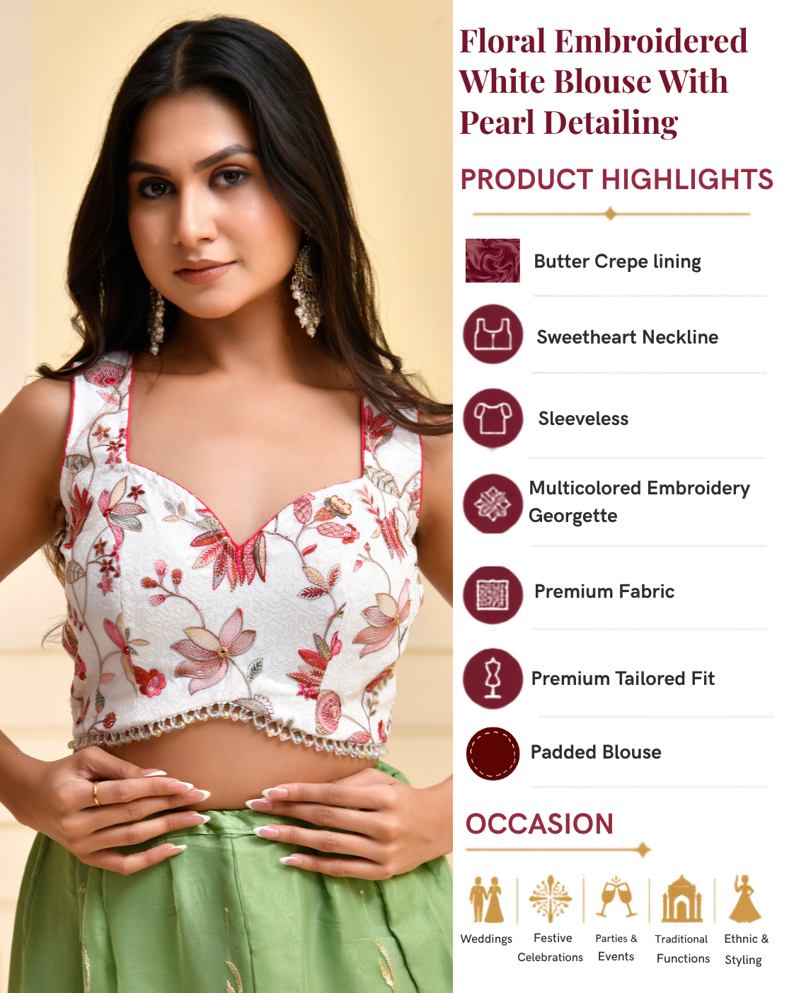 Floral Embroidered Blouse with Pearl Detailing