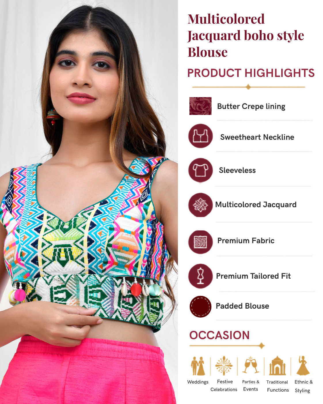 Multicolored Jacquard Boho Style Blouse