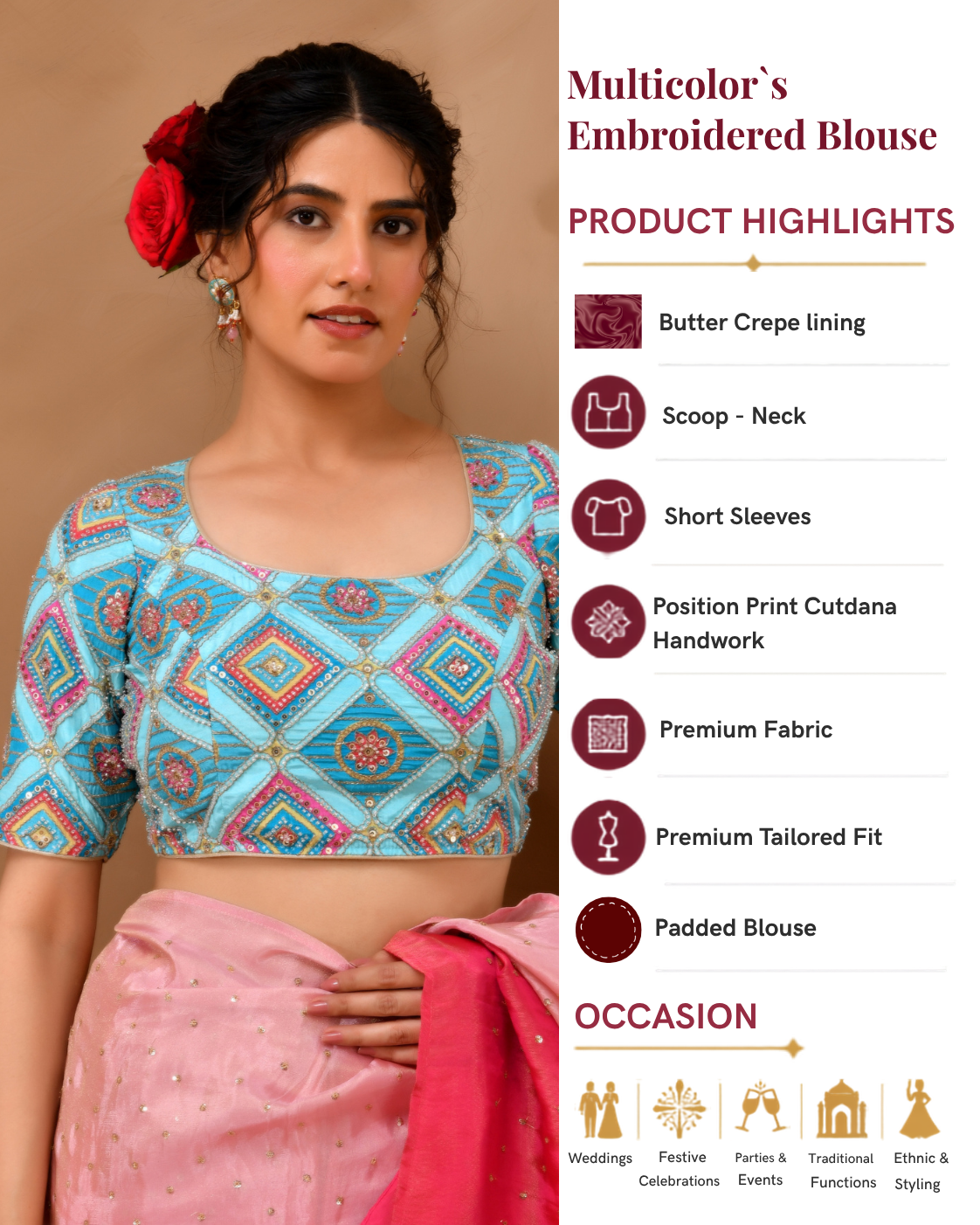 Sky Blue Geometric Pattern Cut Dana Embroidered Blouse