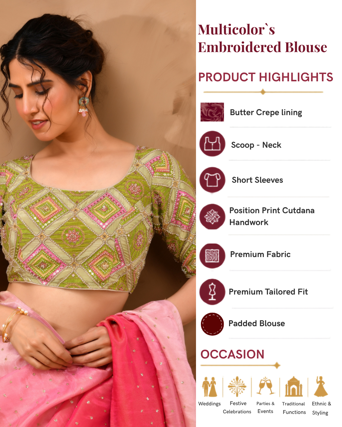 Green  Geometric Pattern Cut Dana Embroidered Blouse