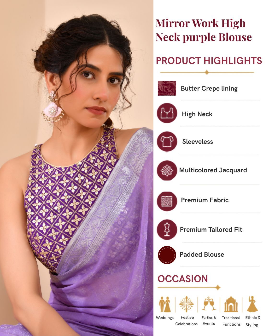Mirror Work High Neck Purple Blouse