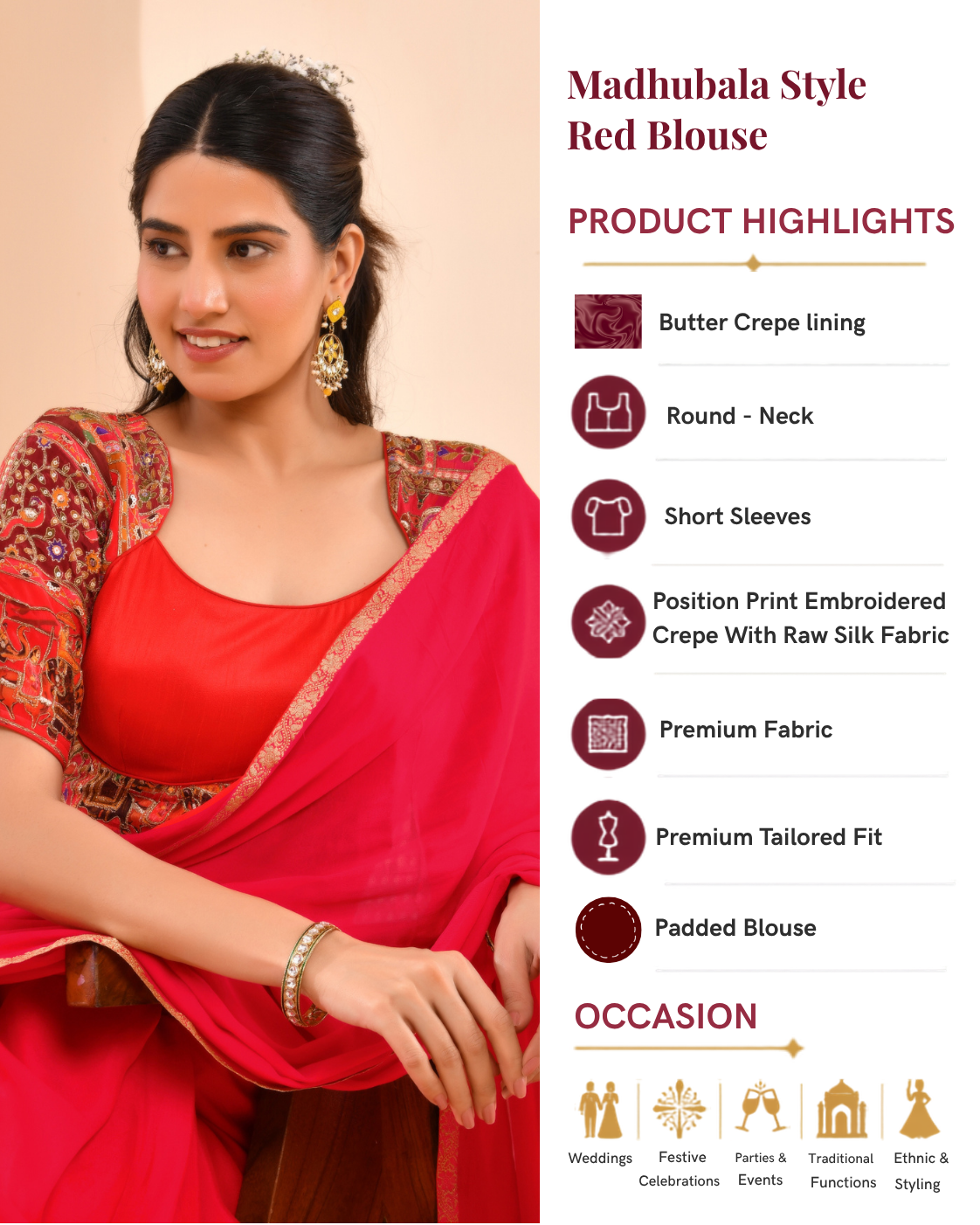 Madhubala Style Red Blouse With Sleeves