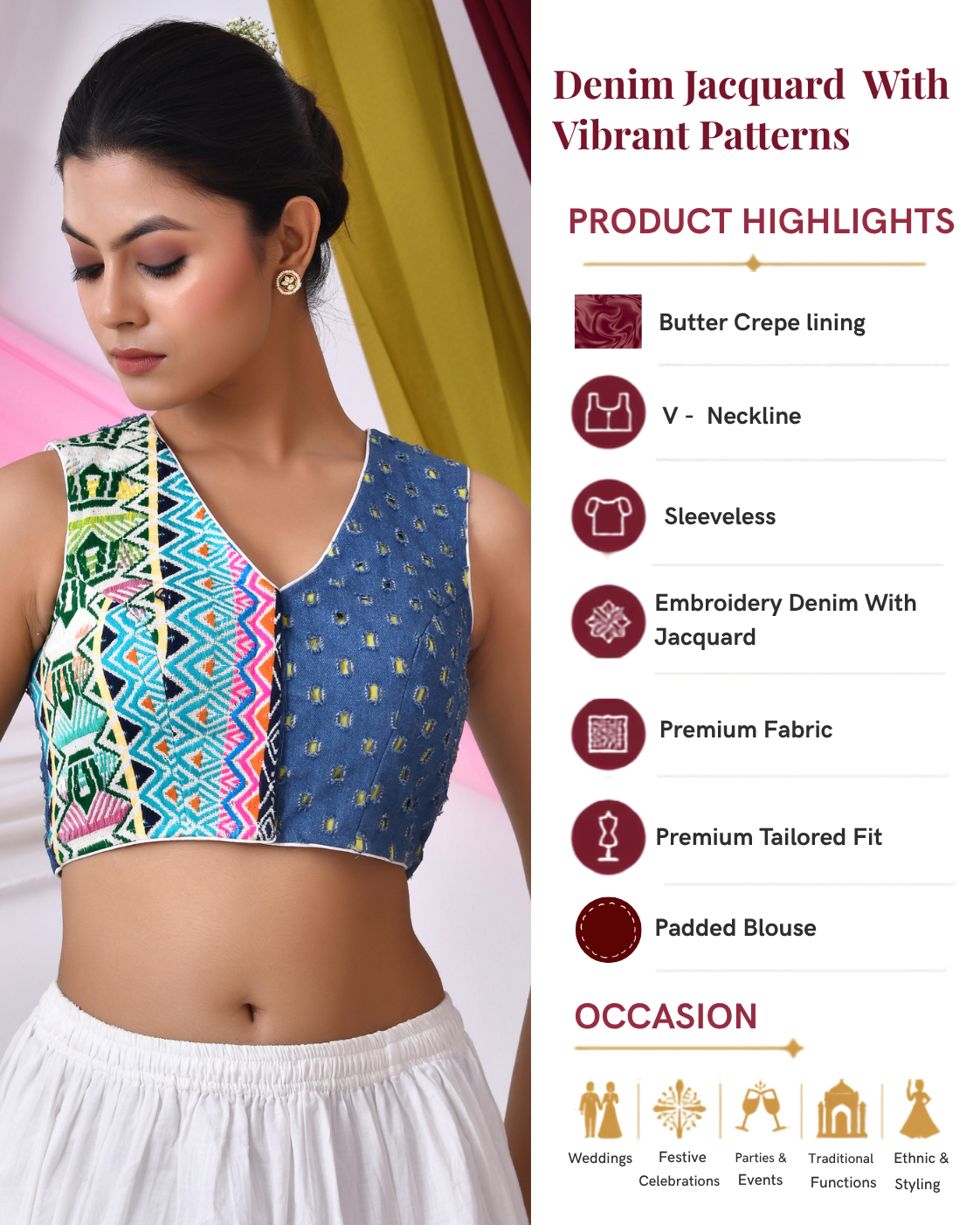 Denim Jacquard Sleeveless Padded Blouse with Vibrant Patterns