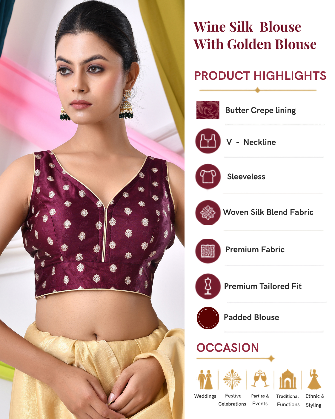 Wine Silk V Neck Blouse With Golden Motifs