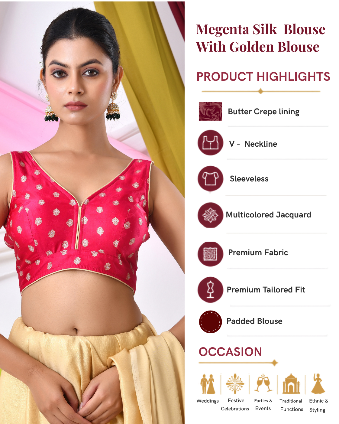 Magenta Silk V Neck Blouse With Golden Motifs
