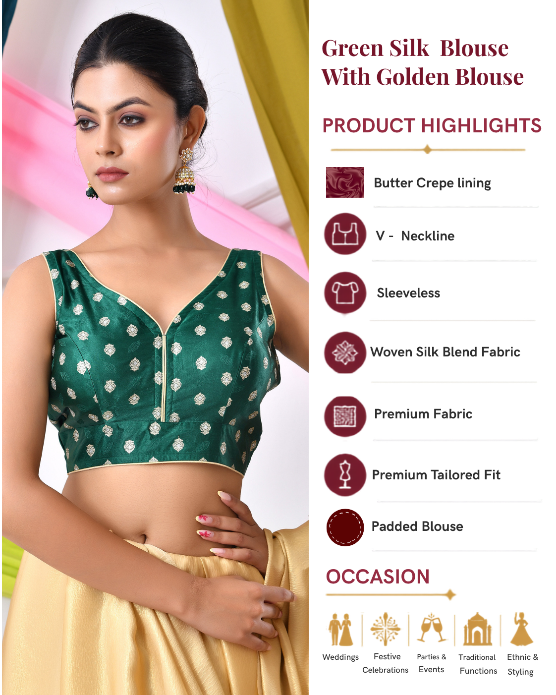 Green Silk V Neck Blouse With Golden Motifs