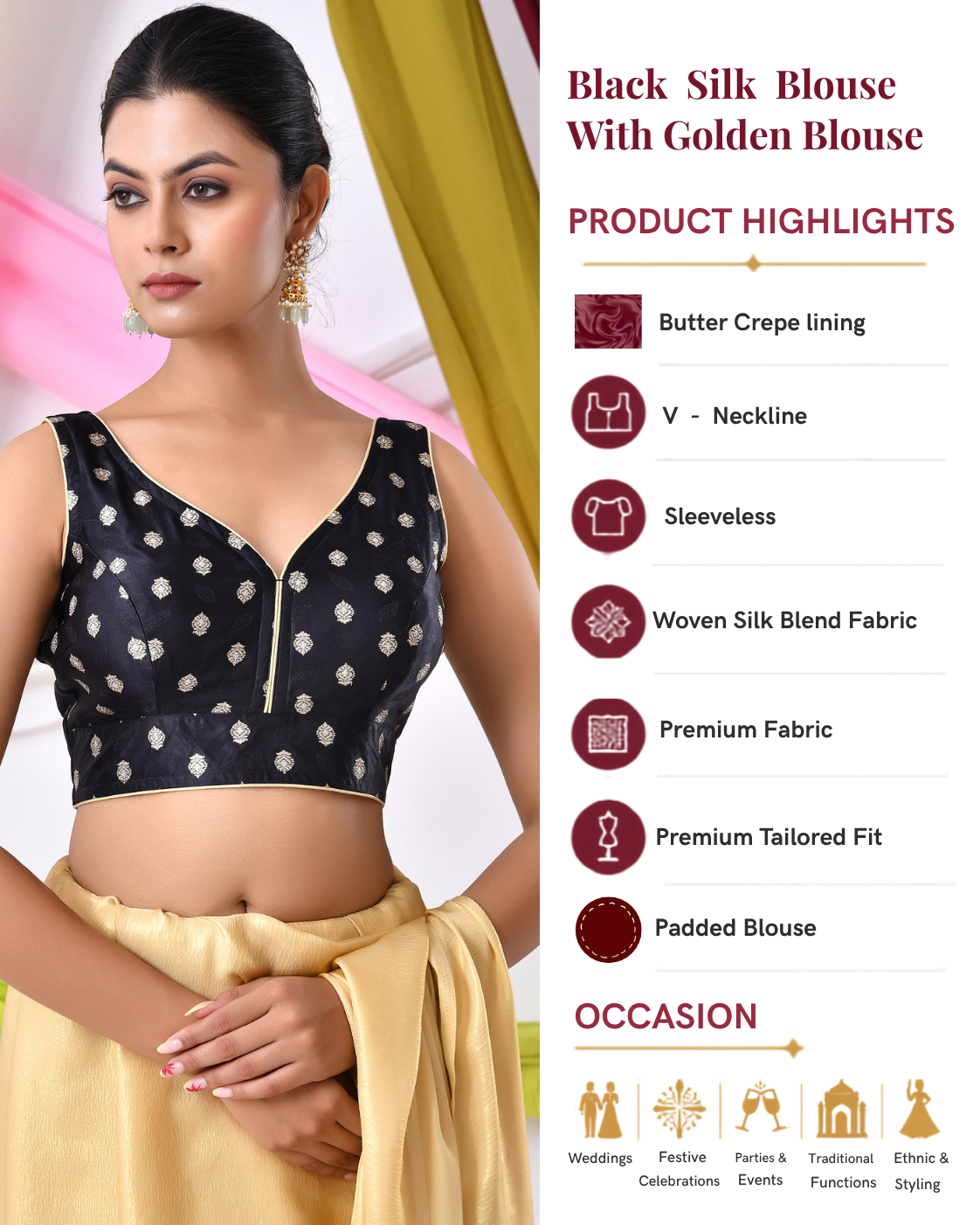 Black Silk V Neck Blouse With Golden Motifs