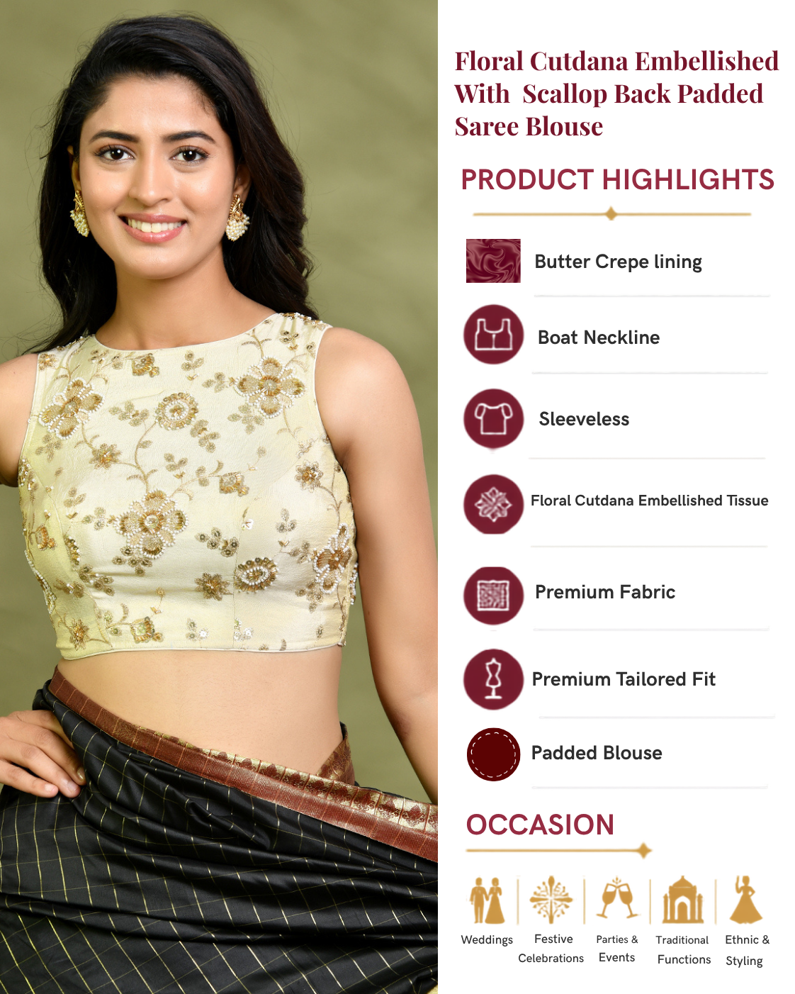 Floral Cutdana Embellished with Scallop Back Padded Saree Blouse