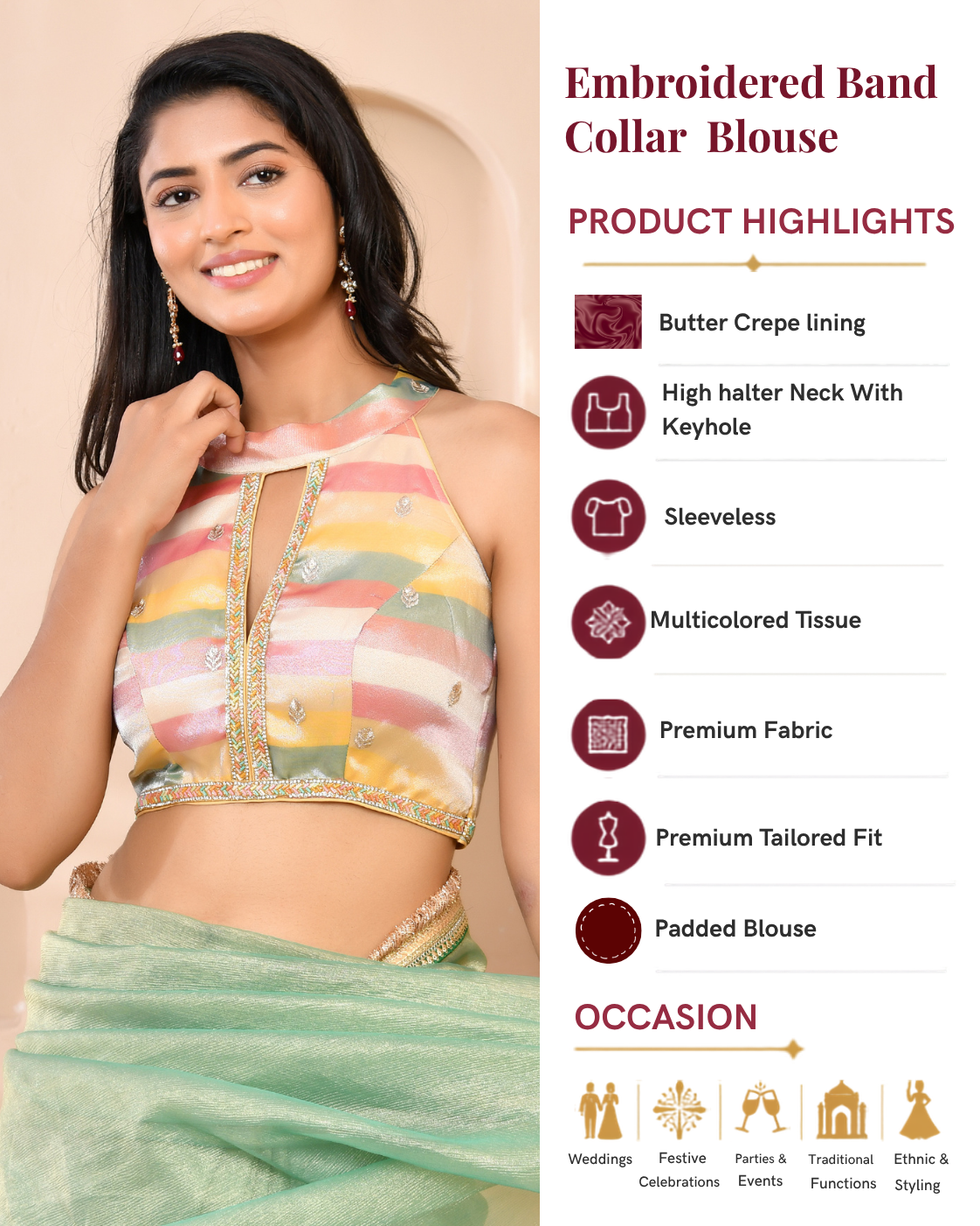 Embroidered Key Hole Sleeveless Padded Saree Blouse