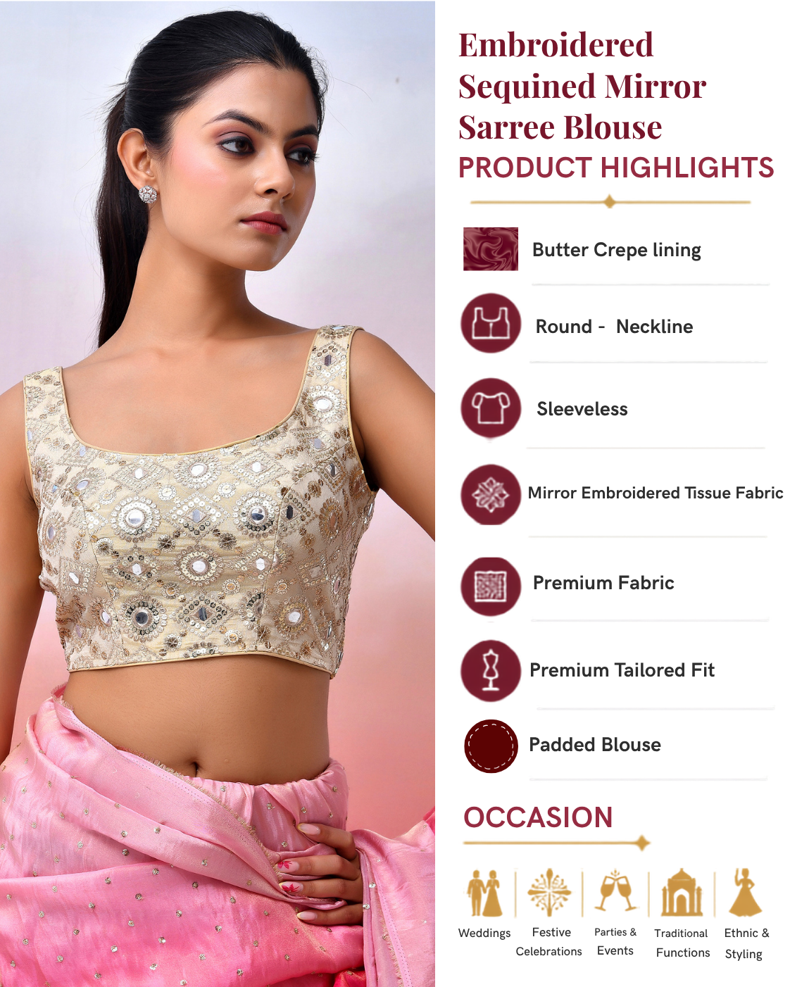 Embroidered Sequined Mirror Work Saree Blouse