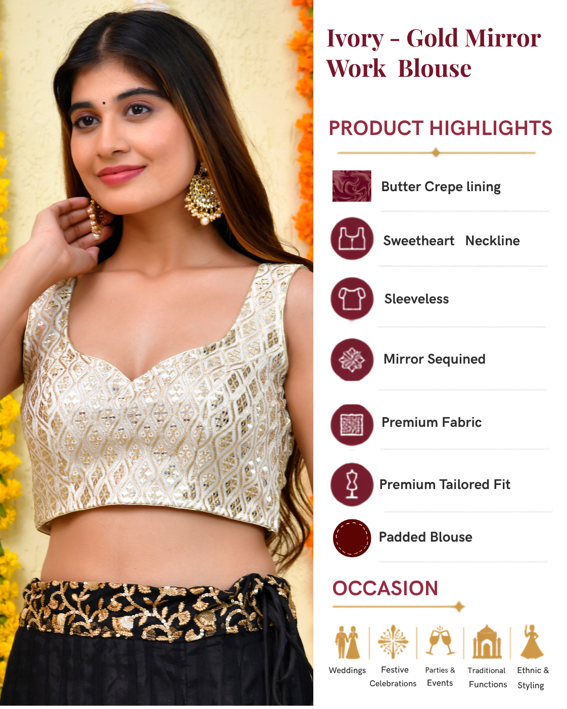 Ivory-Gold Mirror Work Padded Blouse