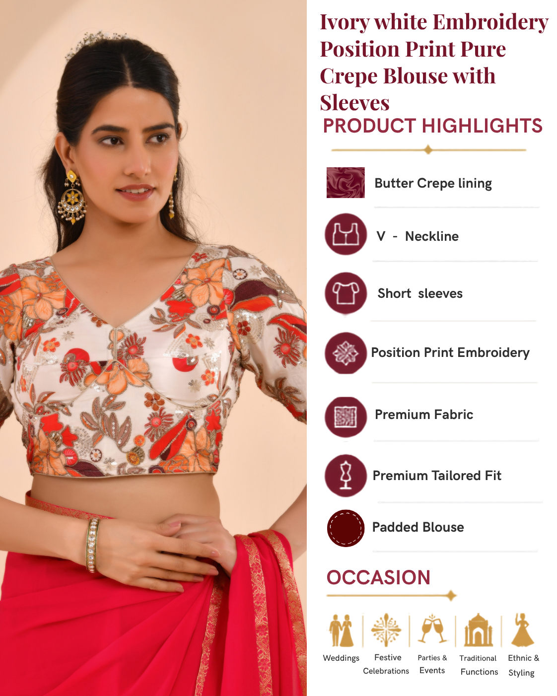 Ivory white Embroidery Position Print Pure Crepe Blouse With Sleeves