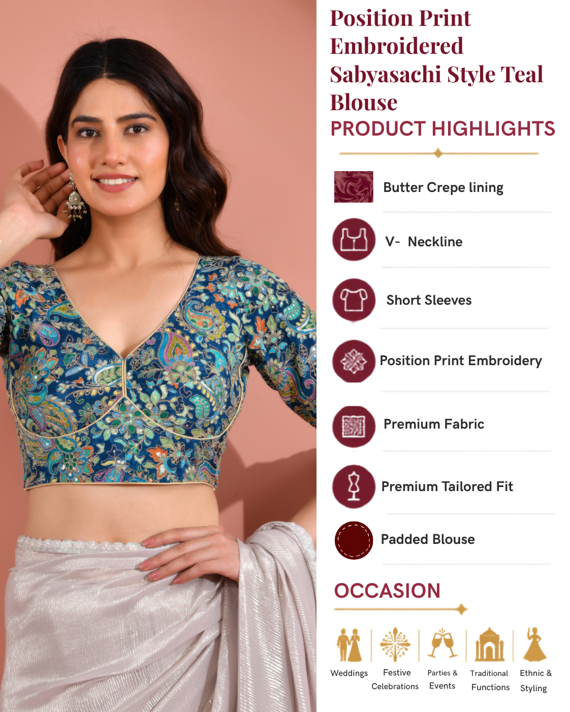 Position Print Embroidered Sabyasachi Style Teal Blouse