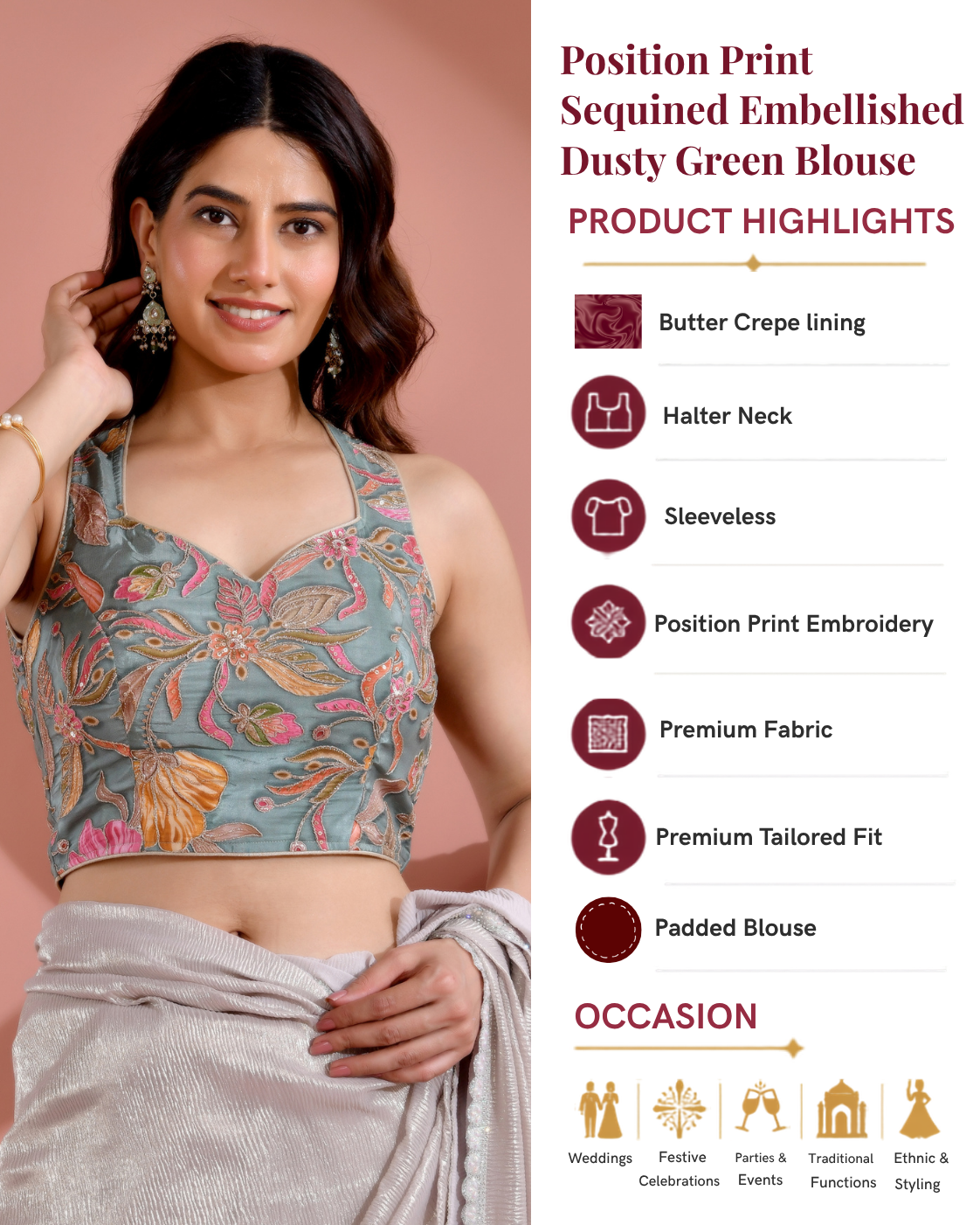 Position Print Sequined Embellished Halter Neck Dusty Green Blouse