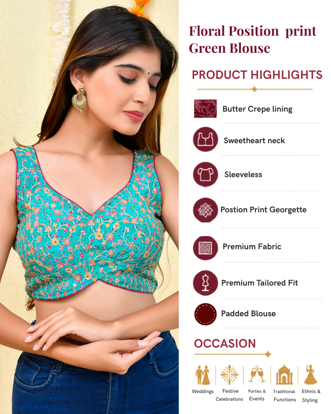 Floral Position Print Sleeveless Padded Green Blouse