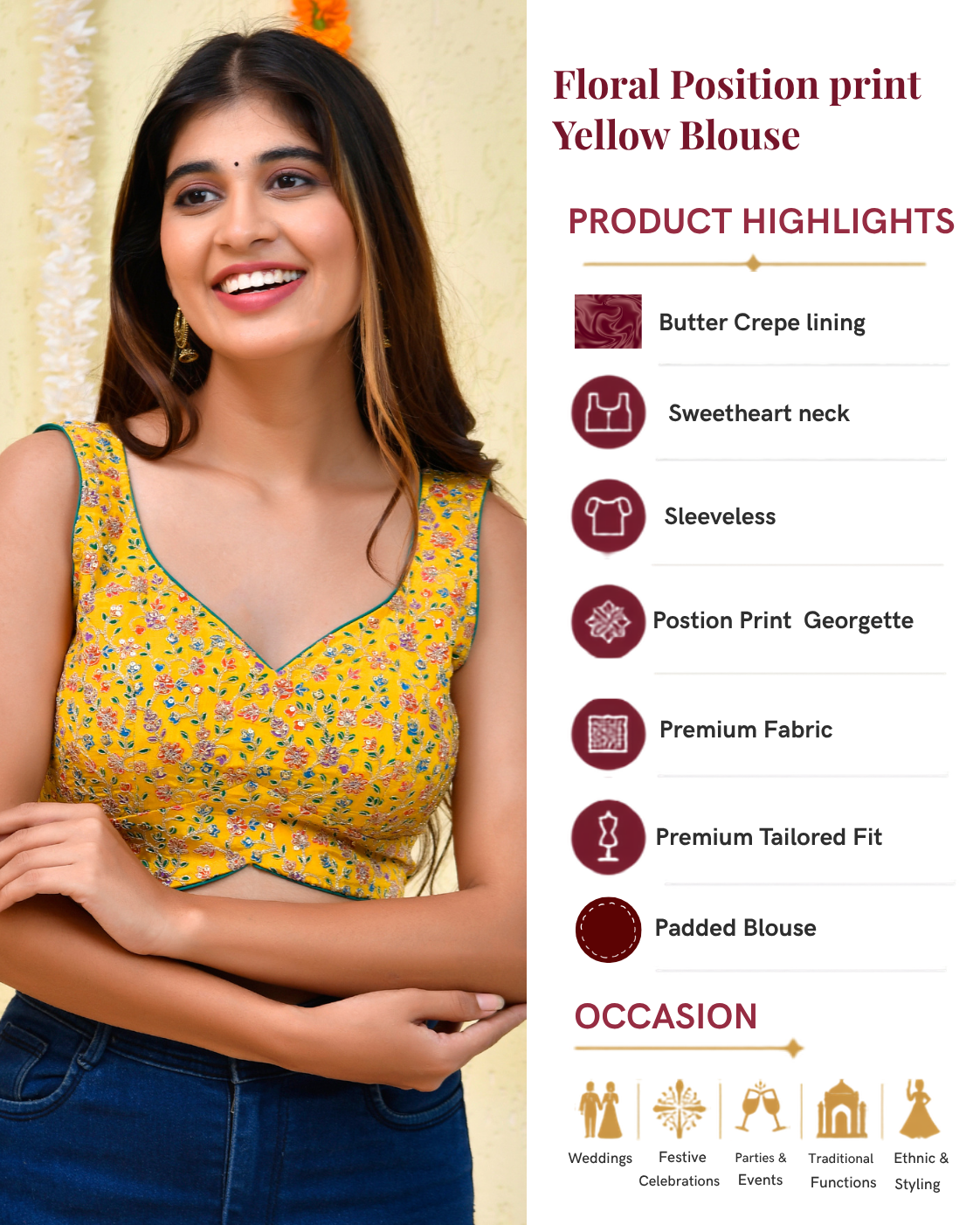 Floral Position Print Sleeveless Padded Yellow Blouse