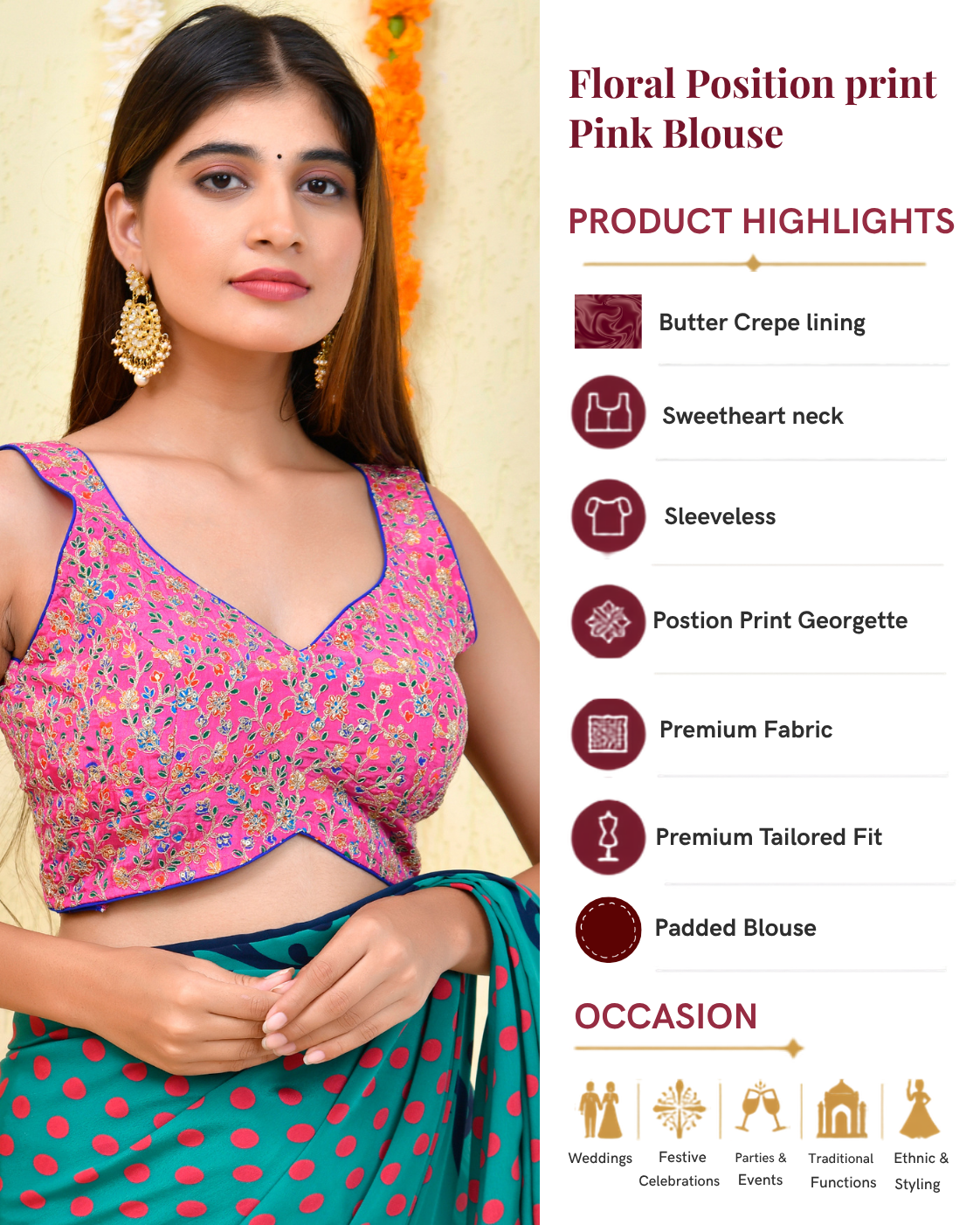 Floral Position Print Sleeveless Padded Pink Blouse