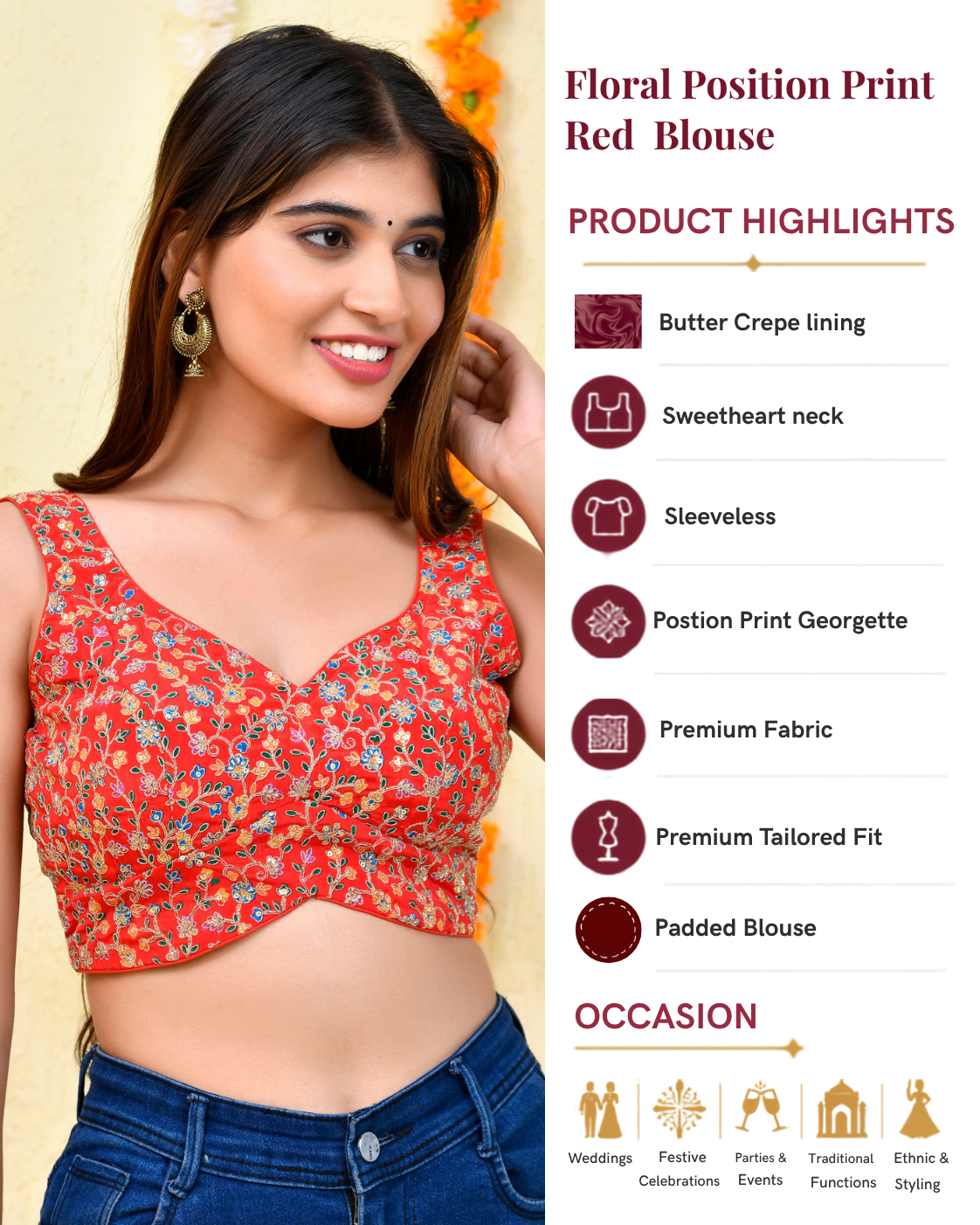 Floral Position Print Sleeveless Padded Red Blouse