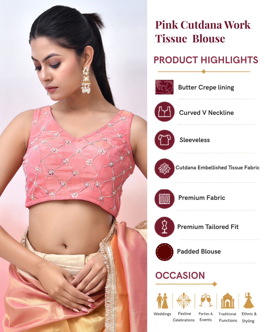 Pink Cutdana Work Tissue Padded Blouse