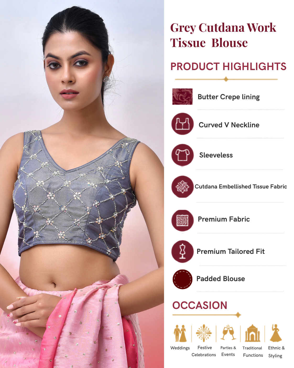 Grey Cutdana Work Tissue Padded Blouse